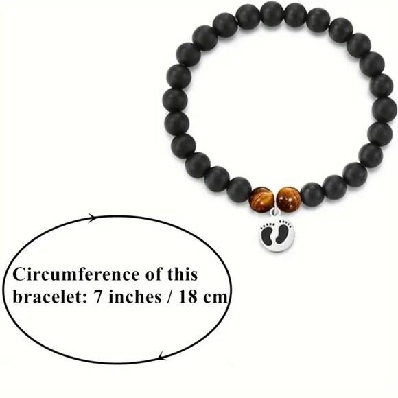 Black Onyx & Tigers Eye Stone Dad Beaded Stretch Bracelet Baby Footprint Charm - Picture 4 of 7